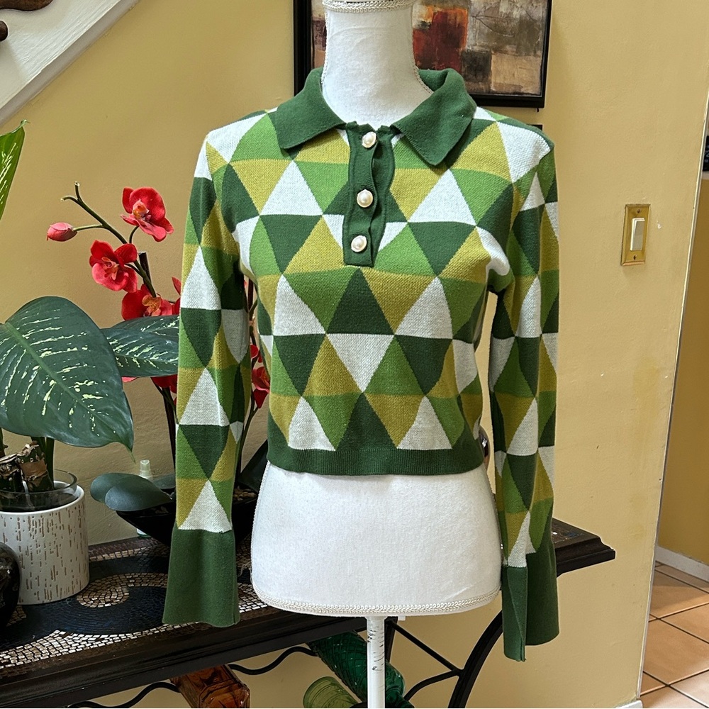 Urban Outfitters Women’s Geometric Green White Long Sleeve Crop Cotton Shirt Lrg - Picture 2 of 16